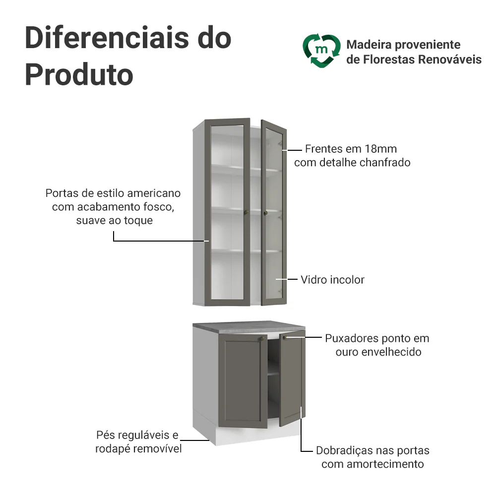 Kit Balcão + Cristaleira 70 cm Branco/Cinza Vik Madesa 01 - Image 4