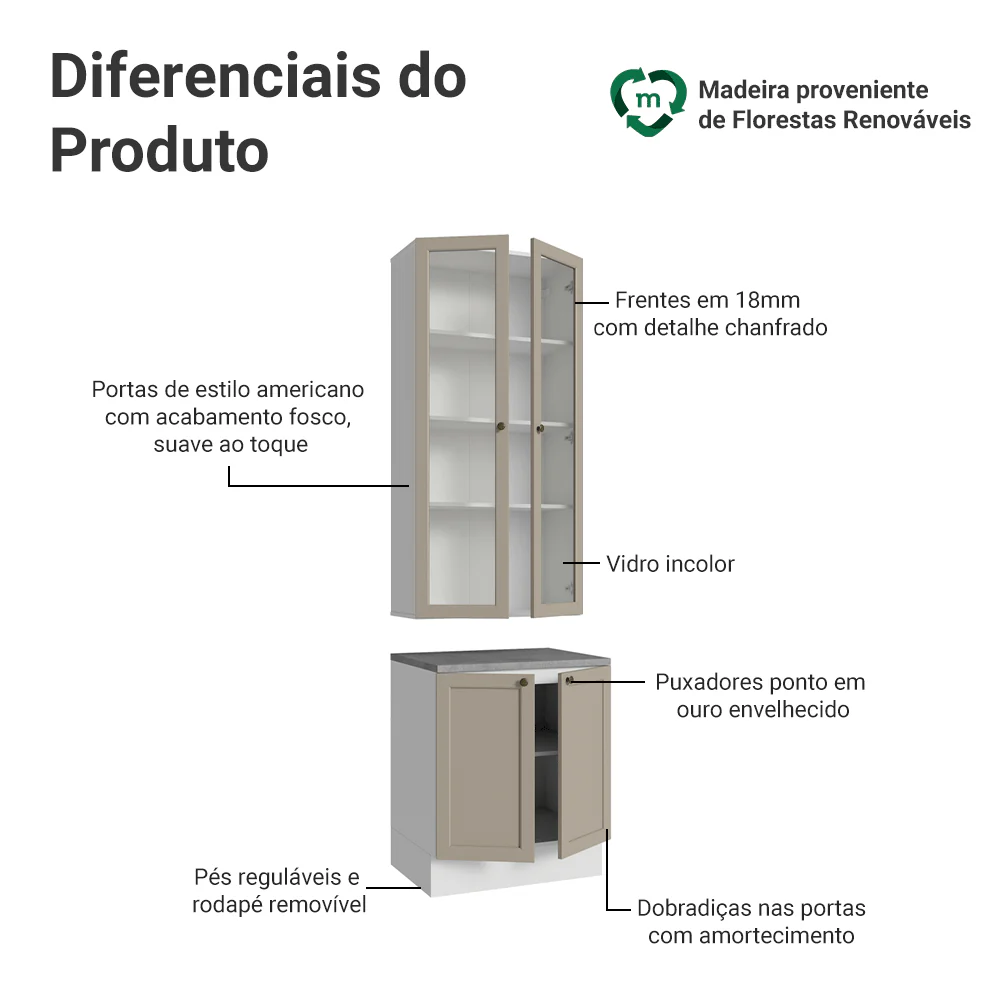 Kit Balcão + Cristaleira 70 cm Branco/Crema Vik Madesa 02 - Image 4