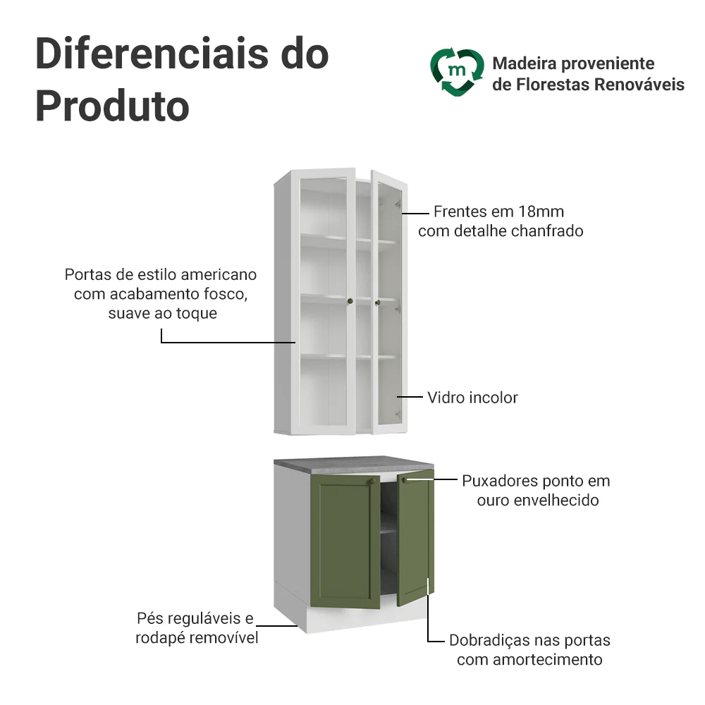 Kit Balcão + Cristaleira 70 cm Branco/Verde/Branco Vik Madesa 01 - Image 4