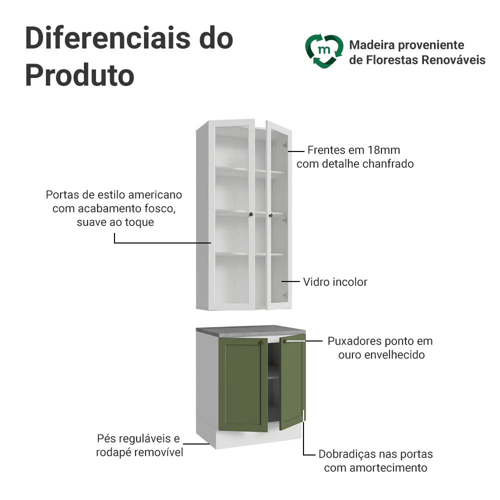 Kit Balcão + Cristaleira 70 cm Branco/Verde/Branco Vik Madesa 02 - Image 4