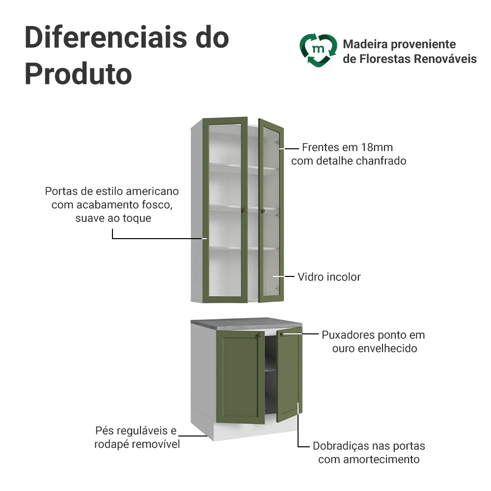 Kit Balcão + Cristaleira 70 cm Branco/Verde Vik Madesa 01 - Image 4
