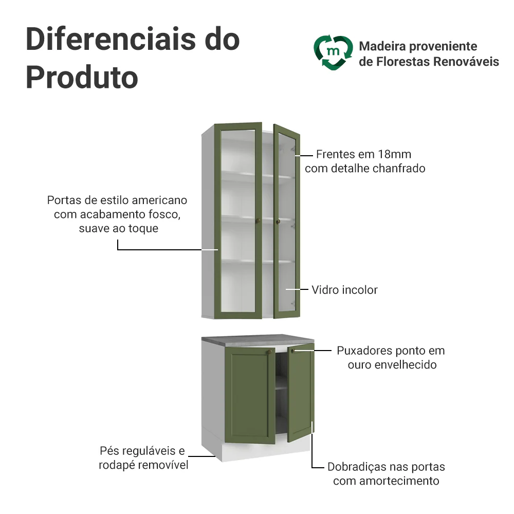 Kit Balcão + Cristaleira 70 cm Branco/Verde Vik Madesa 02 - Image 4