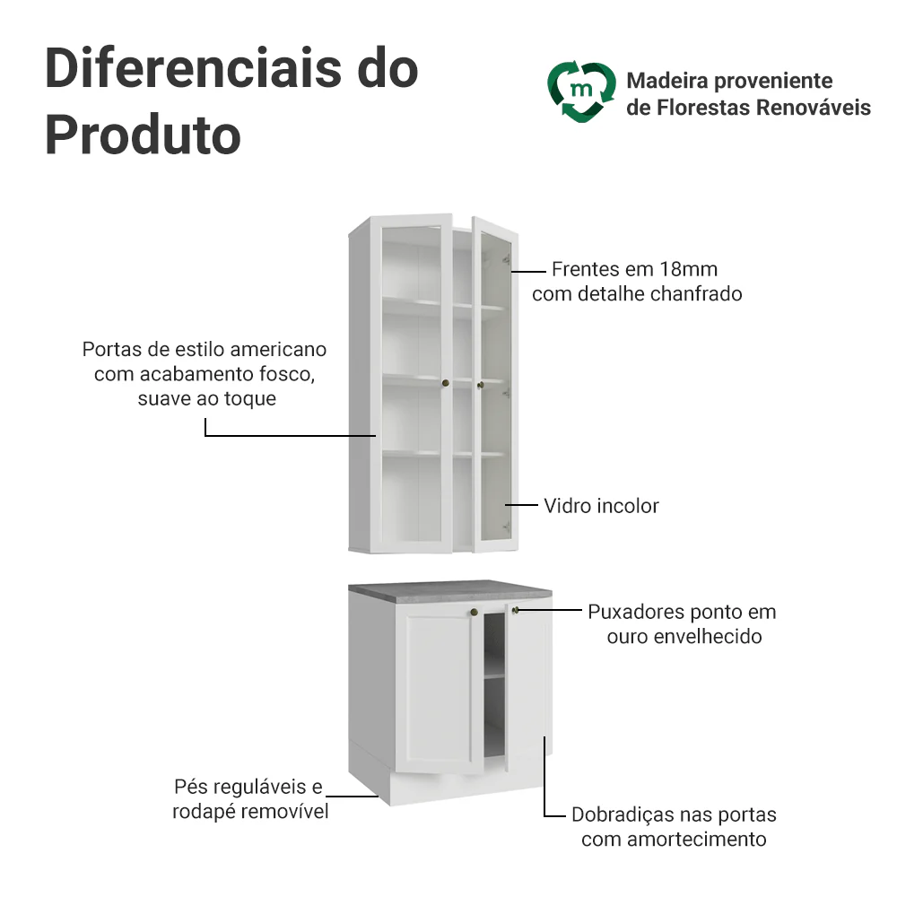 Kit Balcão + Cristaleira 70 cm Branco Vik Madesa 01 - Image 4