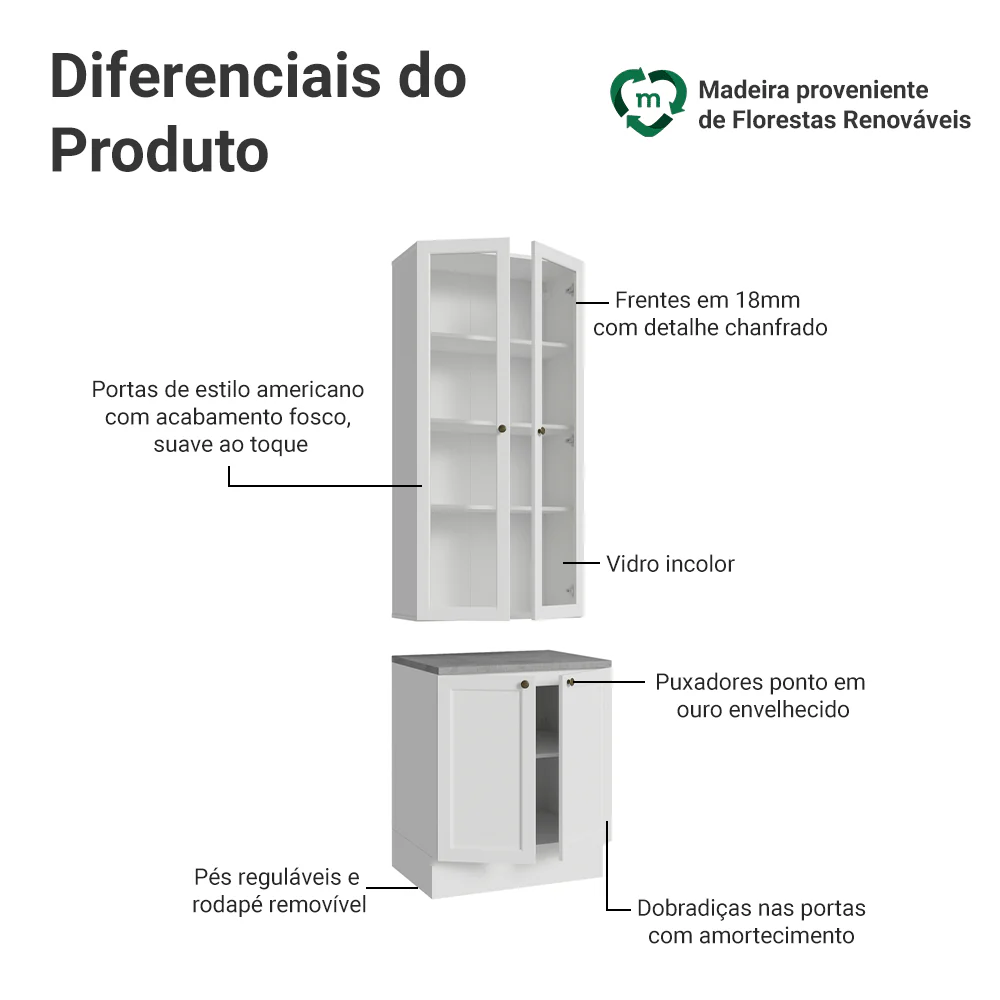 Kit Balcão + Cristaleira 70 cm Branco Vik Madesa 02 - Image 4