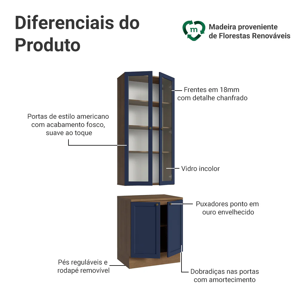 Kit Balcão + Cristaleira 70 cm Rustic/Azul Vik Madesa 02 - Image 4