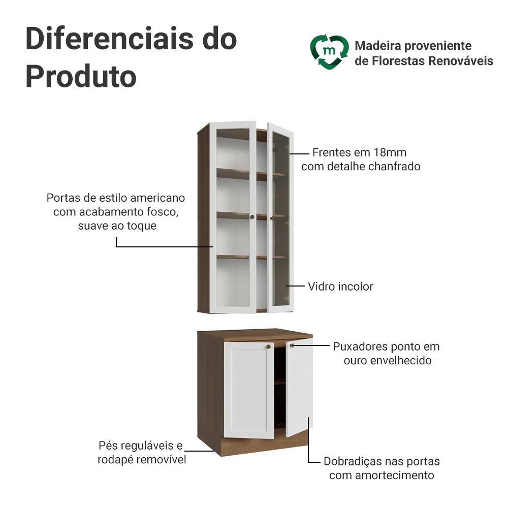 Kit Balcão + Cristaleira 70 cm Rustic/Branco Vik Madesa 01 - Image 4