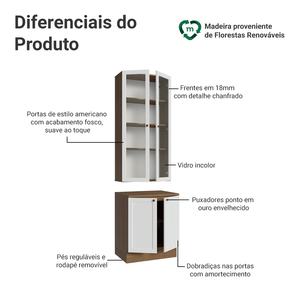 Kit Balcão + Cristaleira 70 cm Rustic/Branco Vik Madesa 02 - Image 4