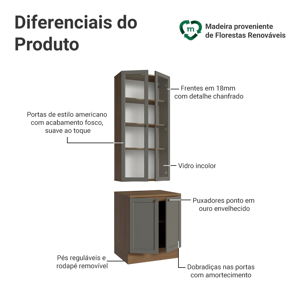 Kit Balcão + Cristaleira 70 cm Rustic/Cinza Vik Madesa 01 - Image 4