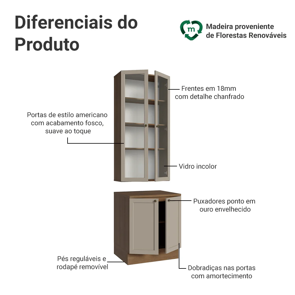 Kit Balcão + Cristaleira 70 cm Rustic/Crema Vik Madesa 01 - Image 4