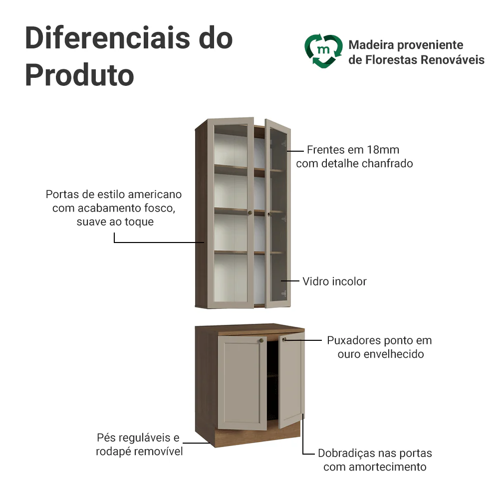Kit Balcão + Cristaleira 70 cm Rustic/Crema Vik Madesa 02 - Image 4
