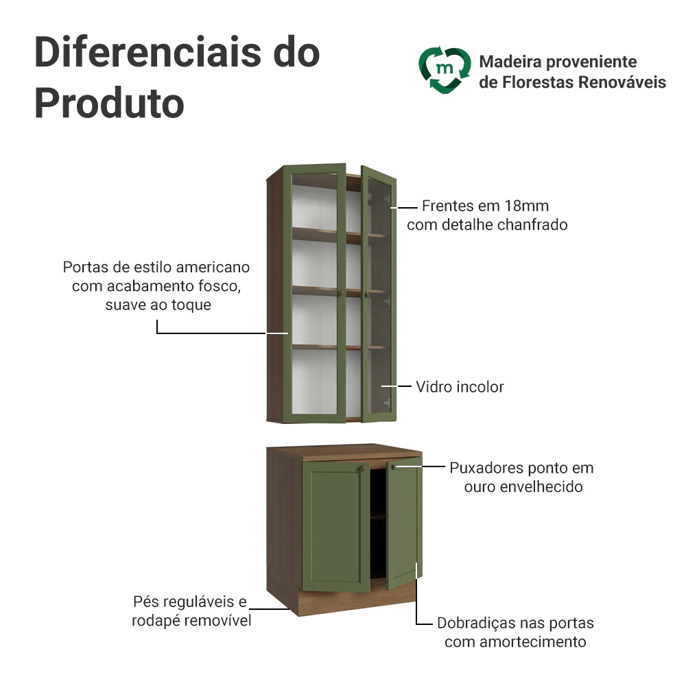 Kit Balcão + Cristaleira 70 cm Rustic/Verde Vik Madesa 01 - Image 4