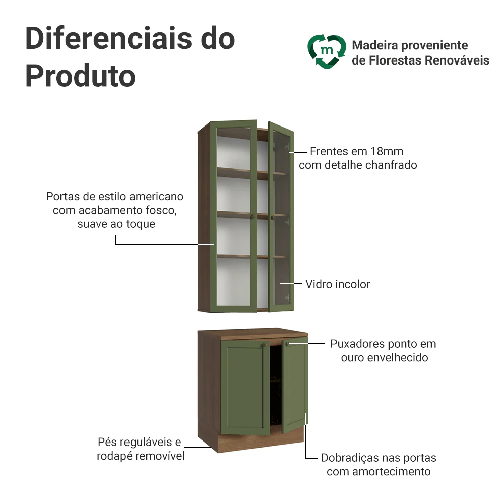 Kit Balcão + Cristaleira 70 cm Rustic/Verde Vik Madesa 02 - Image 4