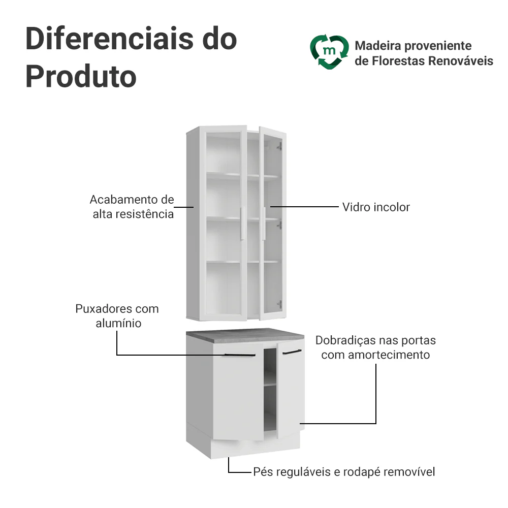 Kit Balcão + Cristaleira 70cm Branco Agata Madesa 02 - Image 4