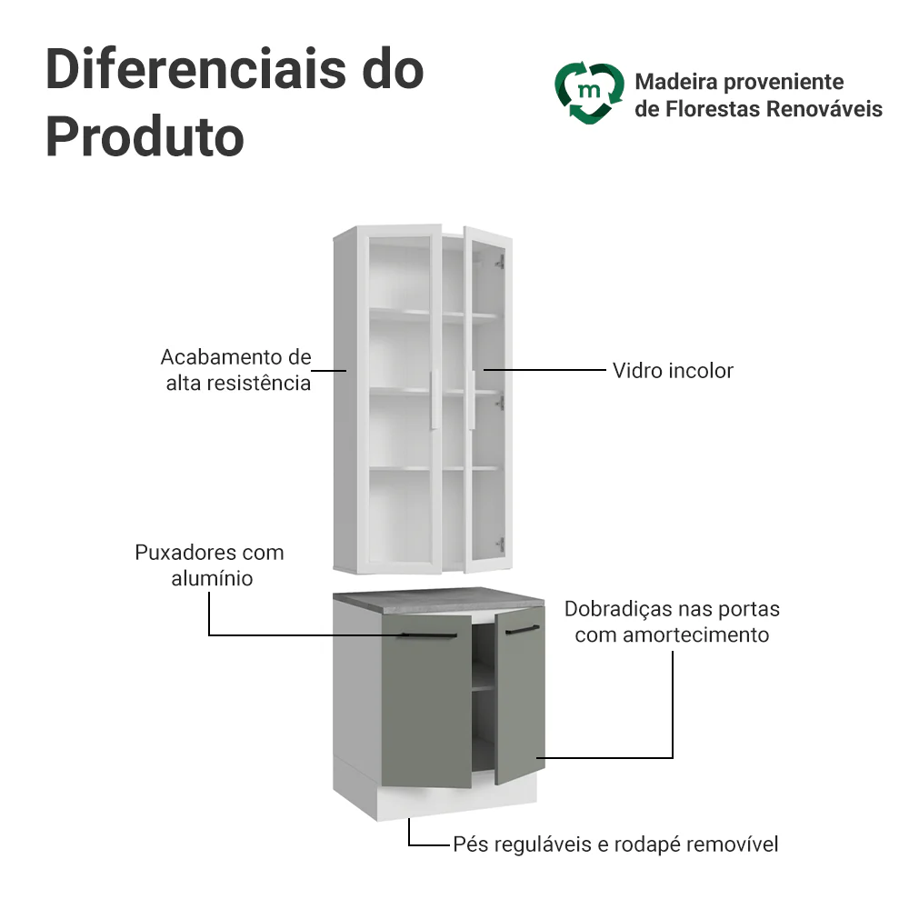 Kit Balcão + Cristaleira 70cm Branco/Cinza Agata Madesa 02 - Image 4