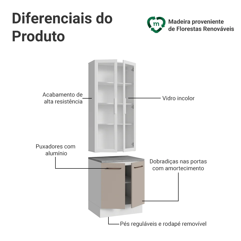 Kit Balcão + Cristaleira 70cm Branco/Crema Agata Madesa 02 - Image 4
