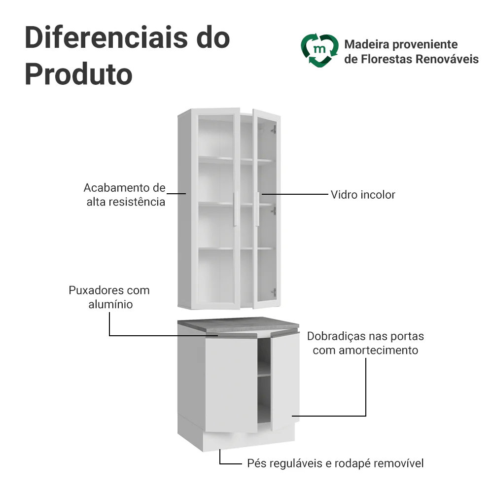 Kit Balcão + Cristaleira 70cm Branco Glamy Madesa 02 - Image 4