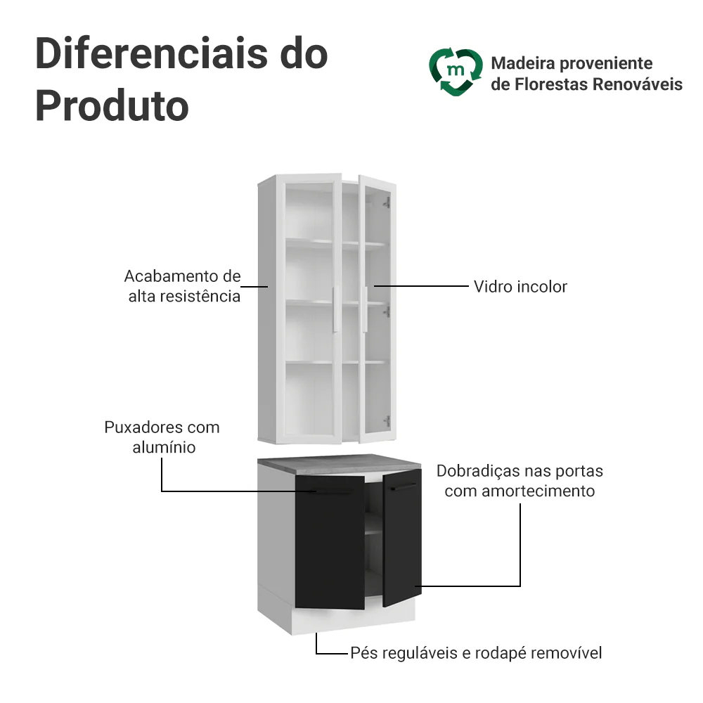 Kit Balcão + Cristaleira 70cm Branco/Preto Agata Madesa 02 - Image 4
