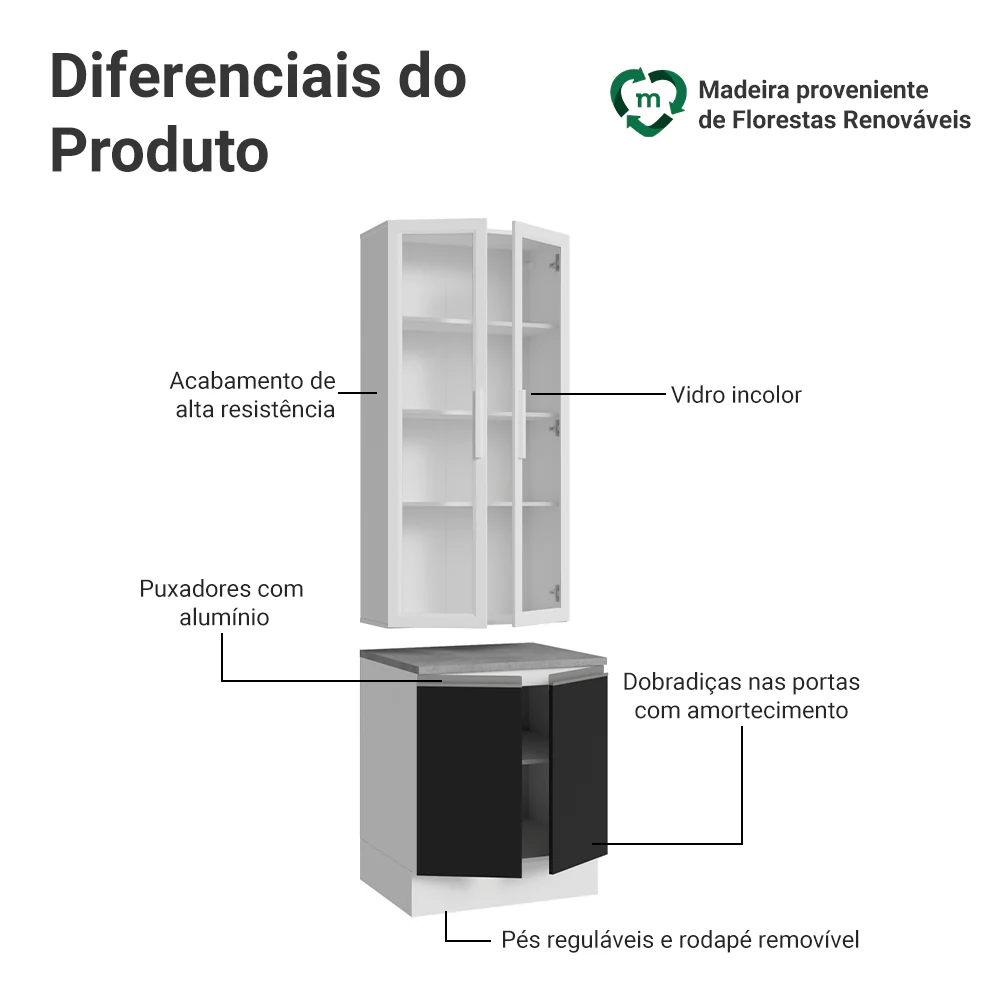 Kit Balcão + Cristaleira 70cm Branco/Preto Glamy Madesa 02 - Image 4