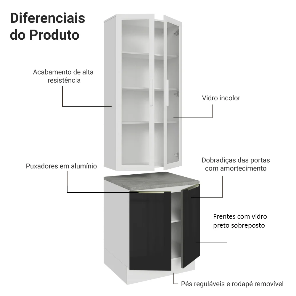 Kit Balcão + Cristaleira 70 x 60 cm Branco/Preto Lux Madesa 01 - Image 5
