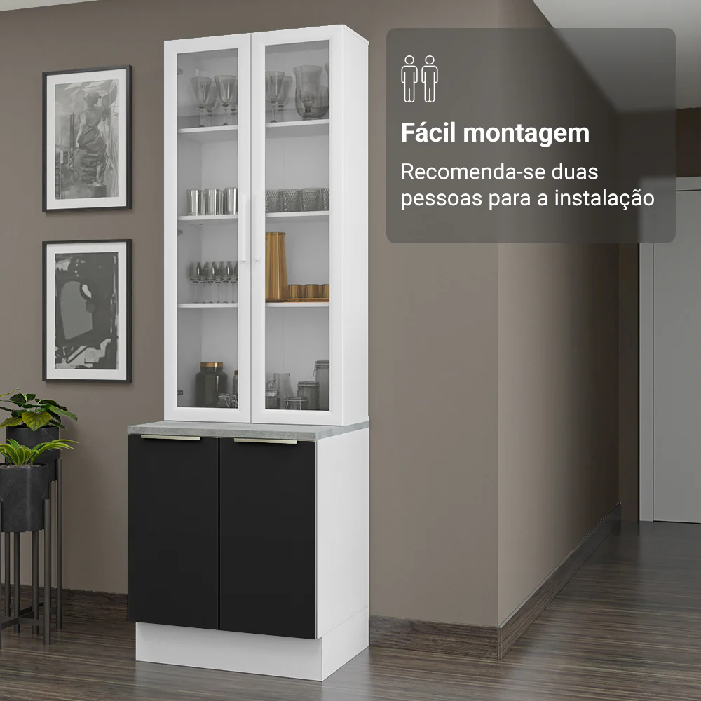Kit Balcão + Cristaleira 70 x 60 cm Branco/Preto Lux Madesa 01 - Image 6