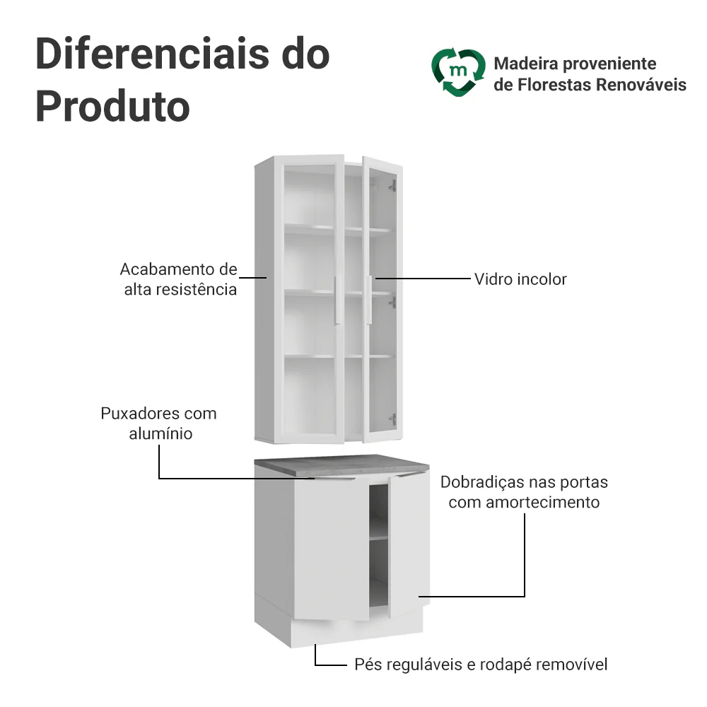 Kit Balcão + Cristaleira 70cm Branco Stella Madesa 02 - Image 4