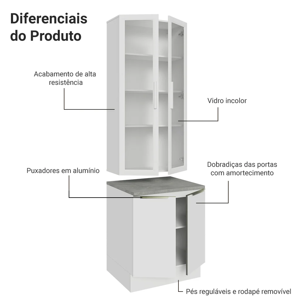 Kit Balcão + Cristaleira 70 x 60 cm Branco Veludo Lux Madesa 01 - Image 5