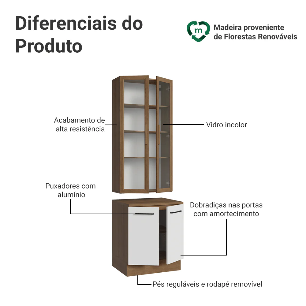 Kit Balcão + Cristaleira 70cm Rustic/Branco Agata Madesa 02 - Image 4