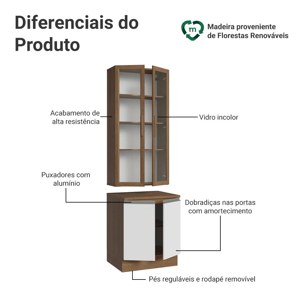 Kit Balcão + Cristaleira 70cm Rustic/Branco Glamy Madesa 02 - Image 4