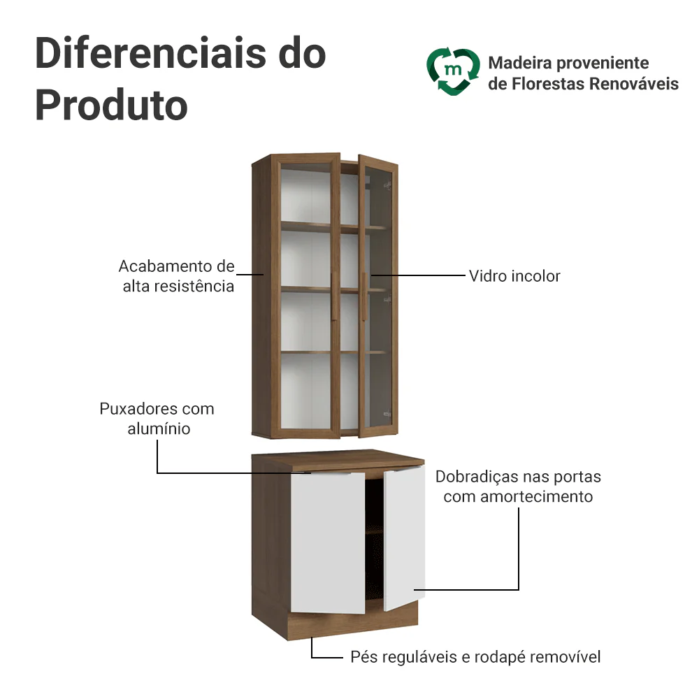 Kit Balcão + Cristaleira 70cm Rustic/Branco Stella Madesa 02 - Image 4