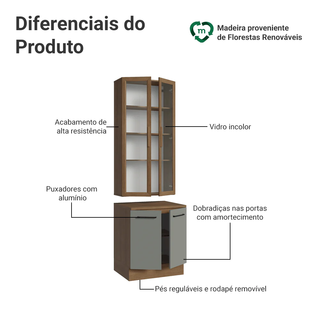 Kit Balcão + Cristaleira 70cm Rustic/Cinza Agata Madesa 02 - Image 4