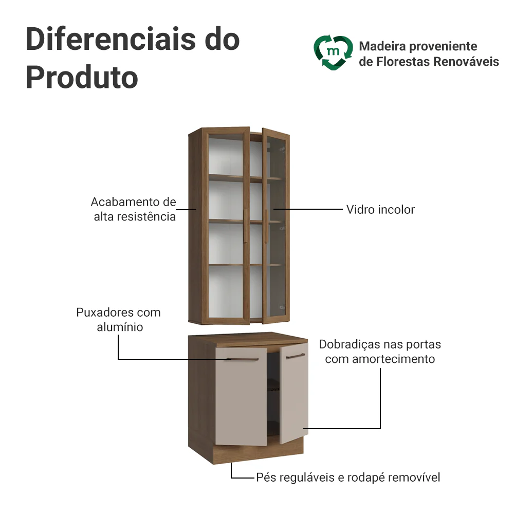 Kit Balcão + Cristaleira 70cm Rustic/Crema Agata Madesa 02 - Image 4
