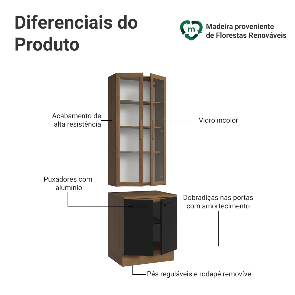 Kit Balcão + Cristaleira 70cm Rustic/Preto Agata Madesa 02 - Image 4