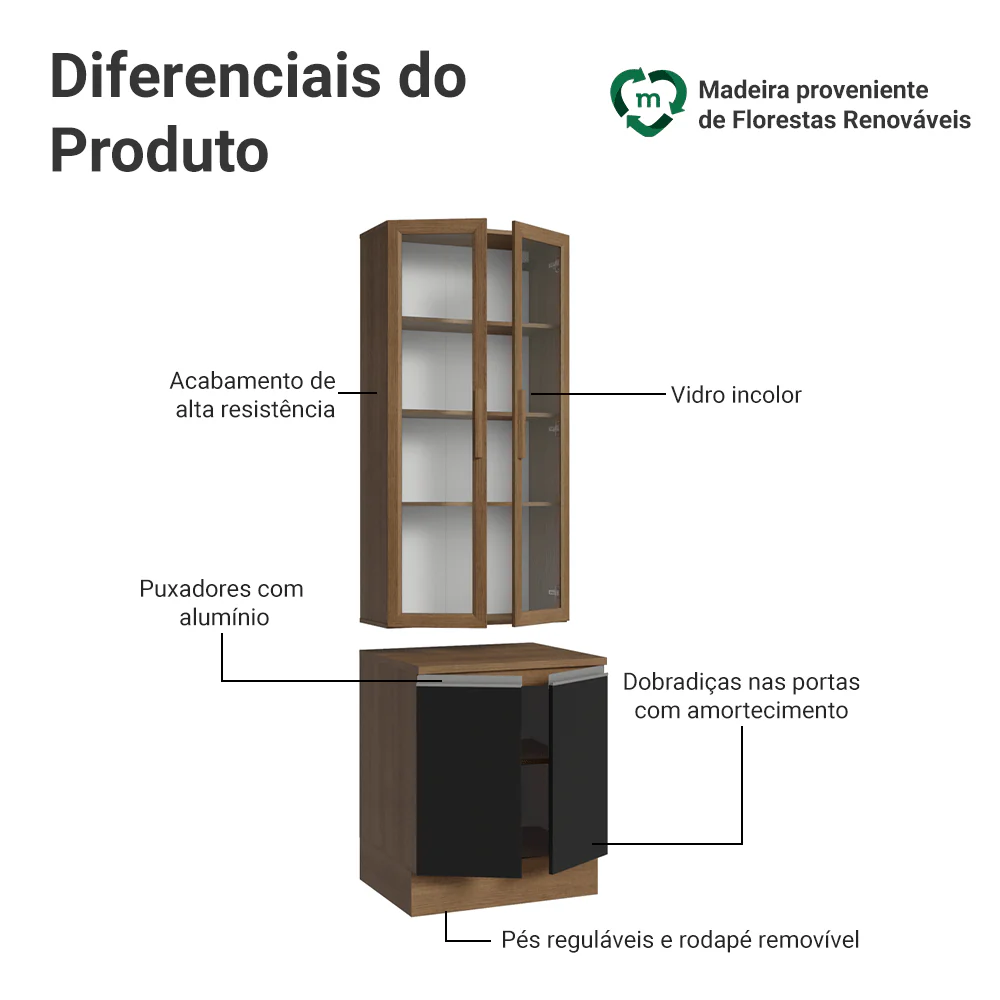 Kit Balcão + Cristaleira 70cm Rustic/Preto Glamy Madesa 02 - Image 4