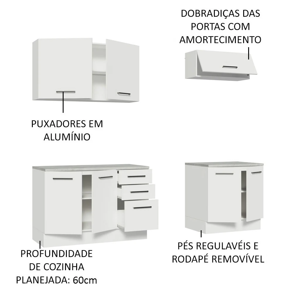 Kit com 2 Balcões e 2 Armários Aéreos Multiuso 200cm Branco Agata Madesa - Image 4