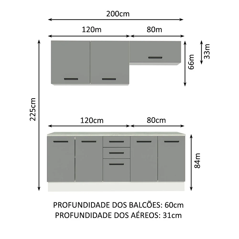 Kit com 2 Balcões e 2 Armários Aéreos Multiuso 200cm Branco/Cinza Agata Madesa - Image 3