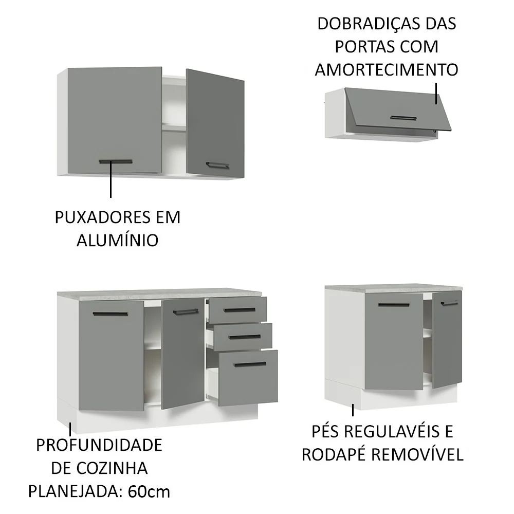 Kit com 2 Balcões e 2 Armários Aéreos Multiuso 200cm Branco/Cinza Agata Madesa - Image 4