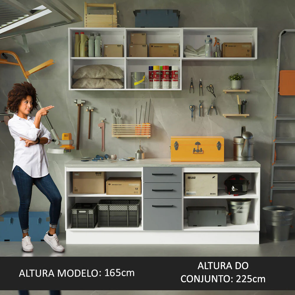 Kit com 2 Balcões e 2 Armários Aéreos Multiuso 200cm Branco/Cinza Agata Madesa - Image 5