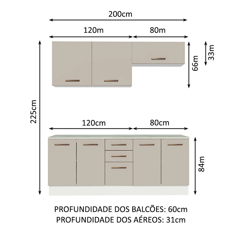 Kit com 2 Balcões e 2 Armários Aéreos Multiuso 200cm Branco/Crema Agata Madesa - Image 3