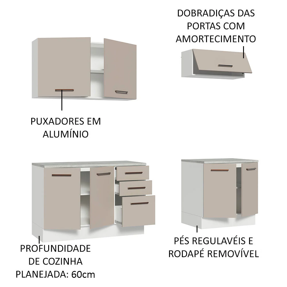 Kit com 2 Balcões e 2 Armários Aéreos Multiuso 200cm Branco/Crema Agata Madesa - Image 4