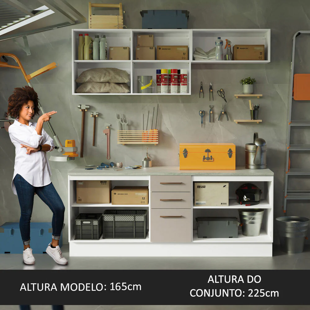 Kit com 2 Balcões e 2 Armários Aéreos Multiuso 200cm Branco/Crema Agata Madesa - Image 5