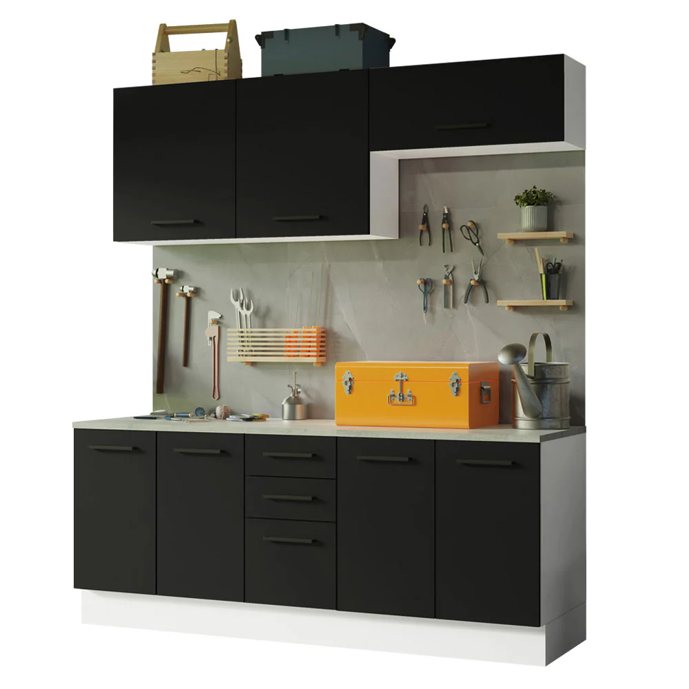 Kit com 2 Balcões e 2 Armários Aéreos Multiuso 200cm Branco/Preto Agata Madesa - Image 2