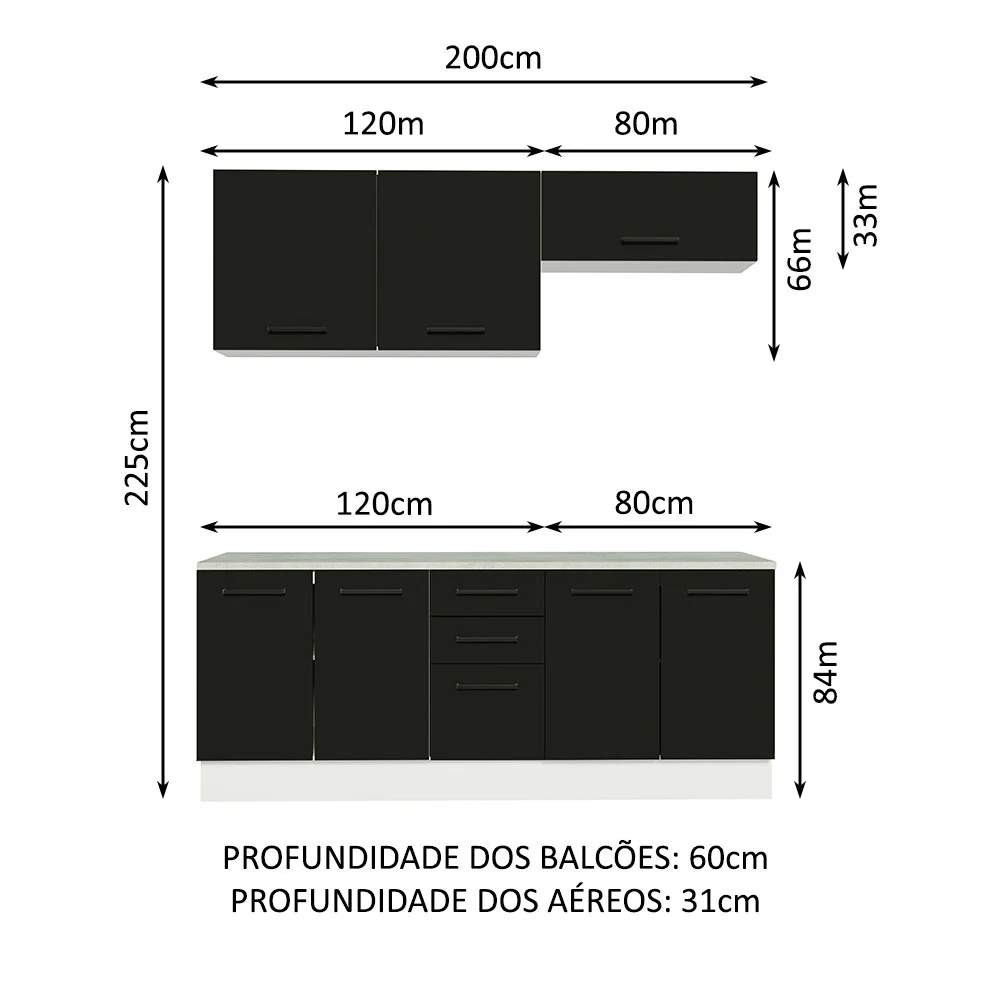 Kit com 2 Balcões e 2 Armários Aéreos Multiuso 200cm Branco/Preto Agata Madesa - Image 3