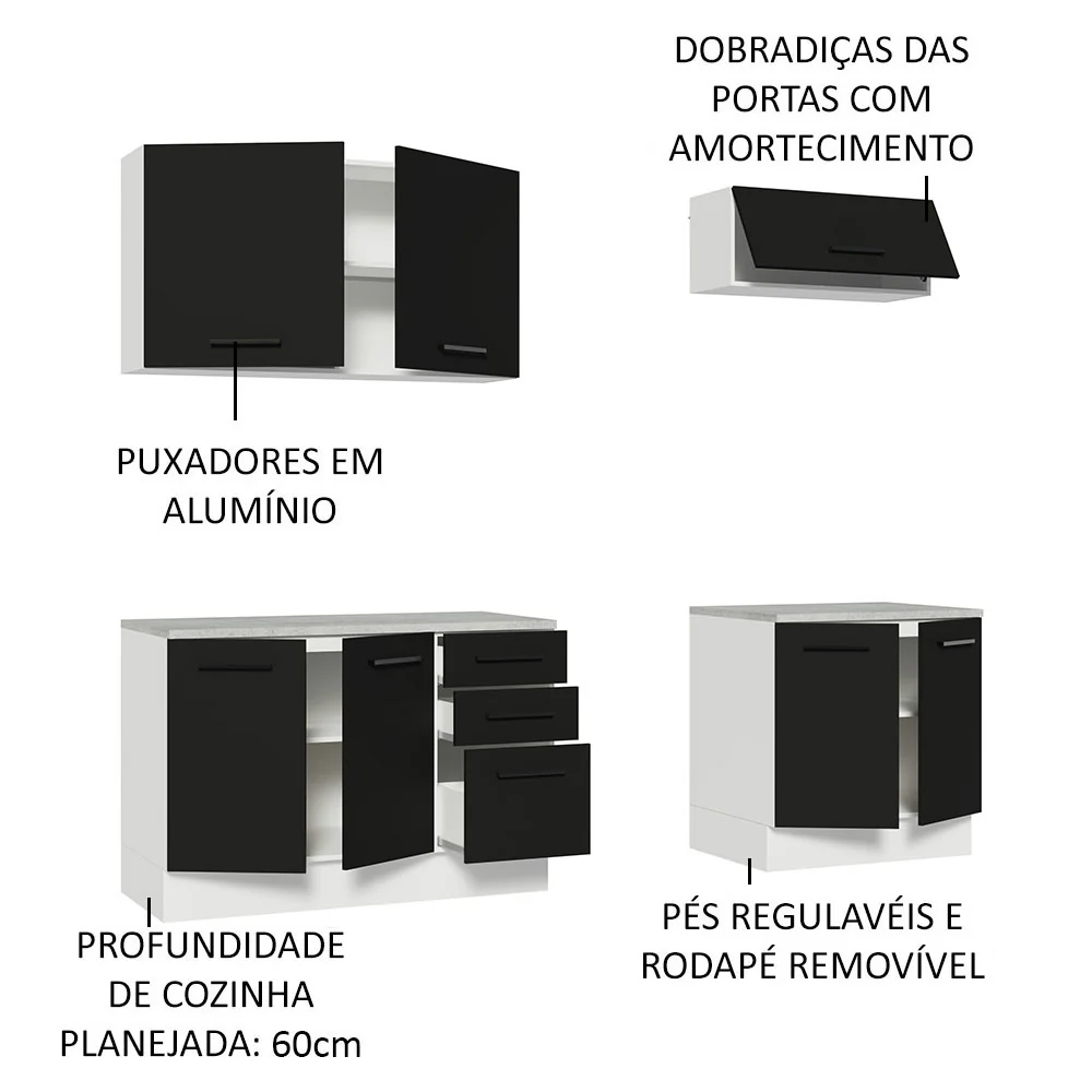 Kit com 2 Balcões e 2 Armários Aéreos Multiuso 200cm Branco/Preto Agata Madesa - Image 4
