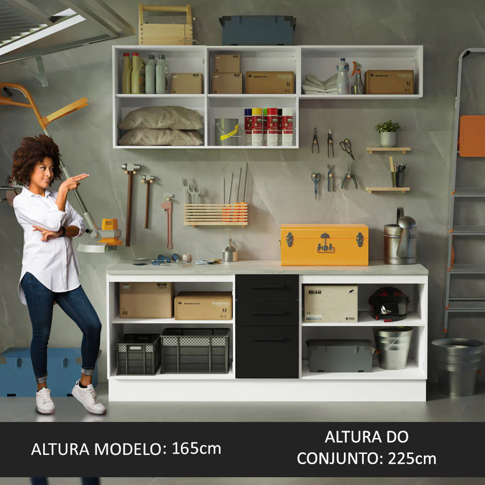 Kit com 2 Balcões e 2 Armários Aéreos Multiuso 200cm Branco/Preto Agata Madesa - Image 5
