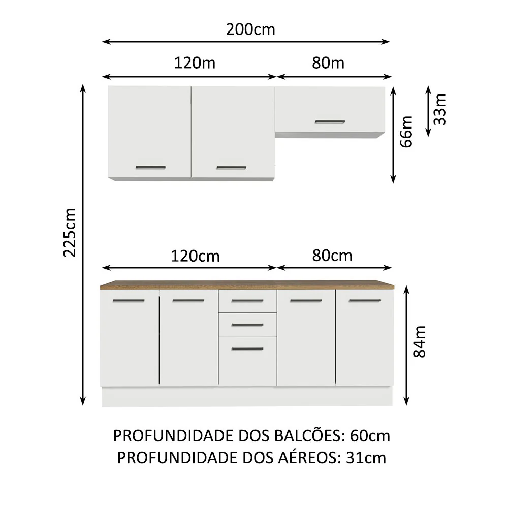 Kit com 2 Balcões e 2 Armários Aéreos Multiuso 200cm Branco/Rustic Agata Madesa - Image 3