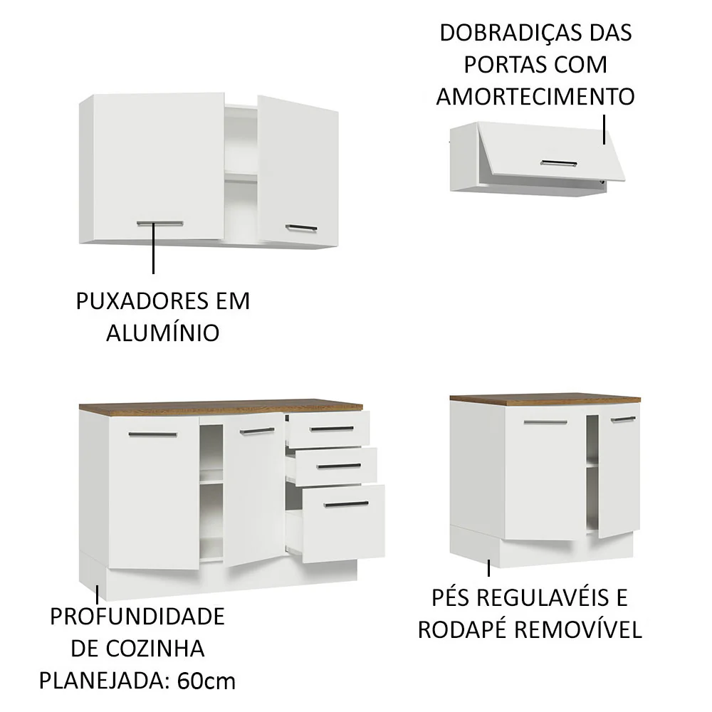 Kit com 2 Balcões e 2 Armários Aéreos Multiuso 200cm Branco/Rustic Agata Madesa - Image 4