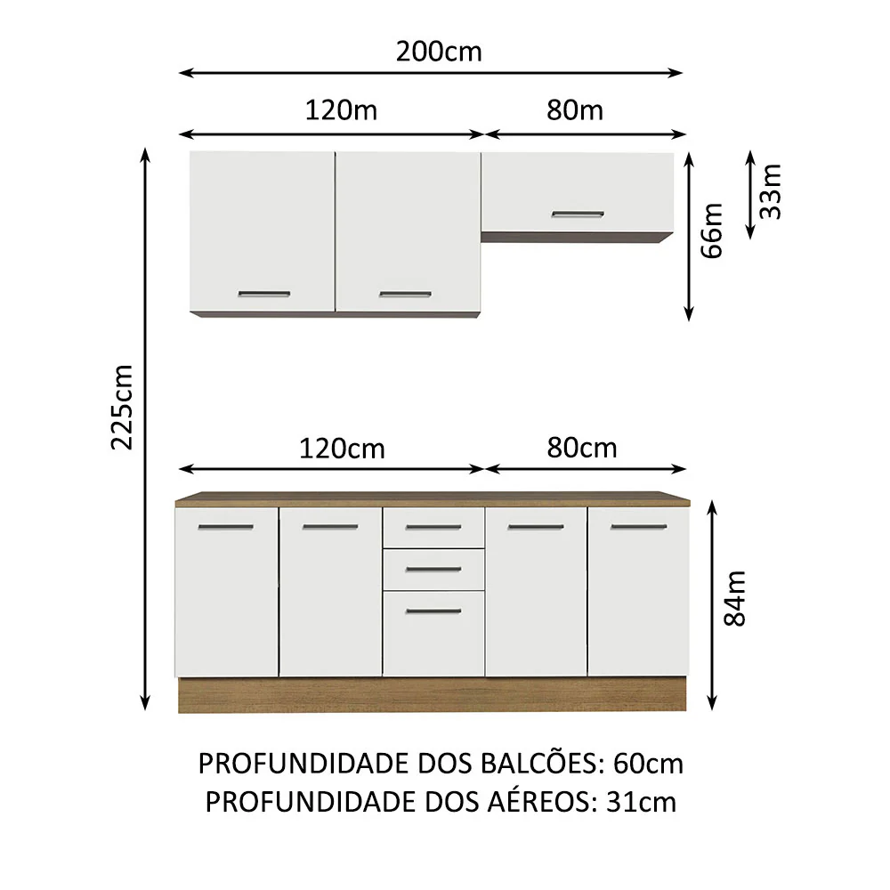 Kit com 2 Balcões e 2 Armários Aéreos Multiuso 200cm Rustic/Branco Agata Madesa - Image 3
