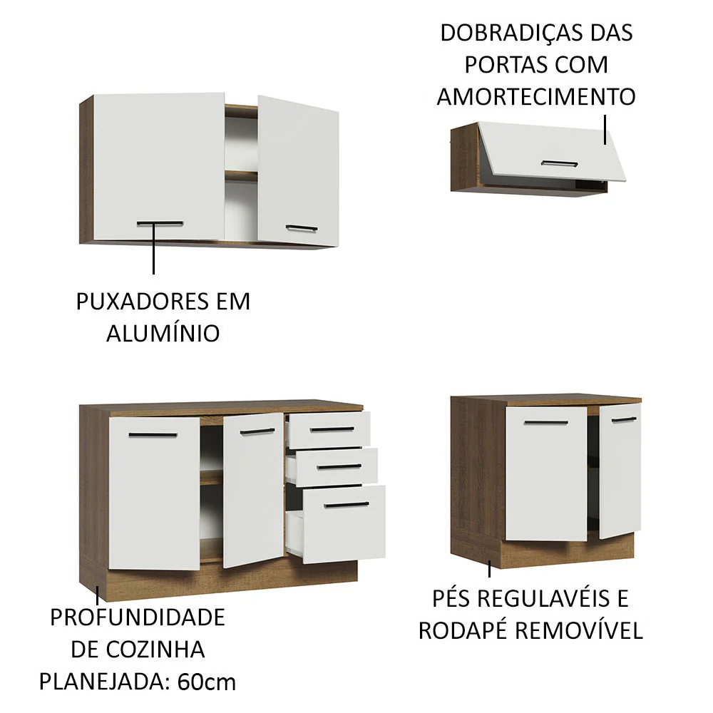 Kit com 2 Balcões e 2 Armários Aéreos Multiuso 200cm Rustic/Branco Agata Madesa - Image 4