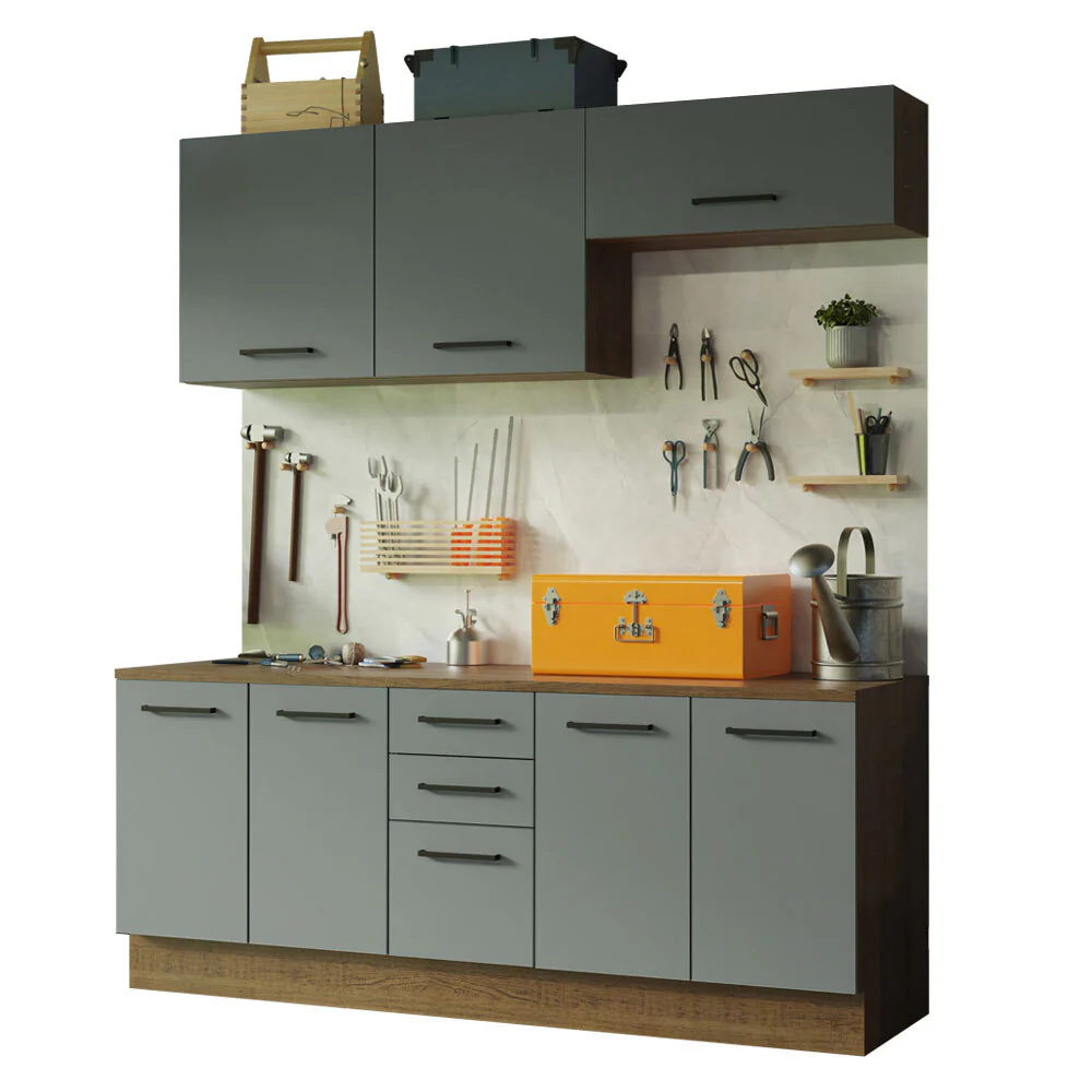 Kit com 2 Balcões e 2 Armários Aéreos Multiuso 200cm Rustic/Cinza Agata Madesa - Image 2