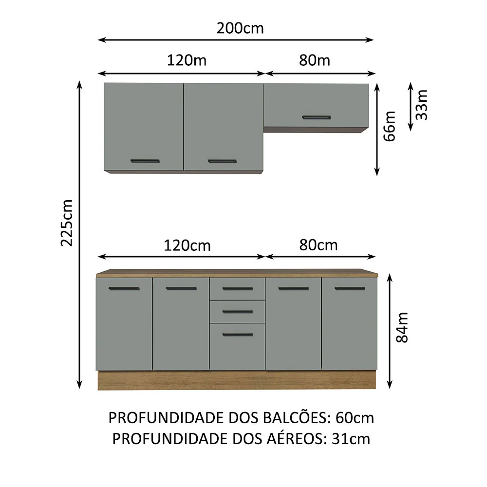 Kit com 2 Balcões e 2 Armários Aéreos Multiuso 200cm Rustic/Cinza Agata Madesa - Image 3